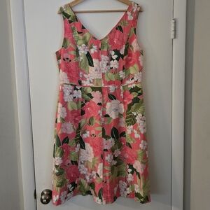 Adrianna Papell Pink Floral Linen Sleeveless Dress Size 16